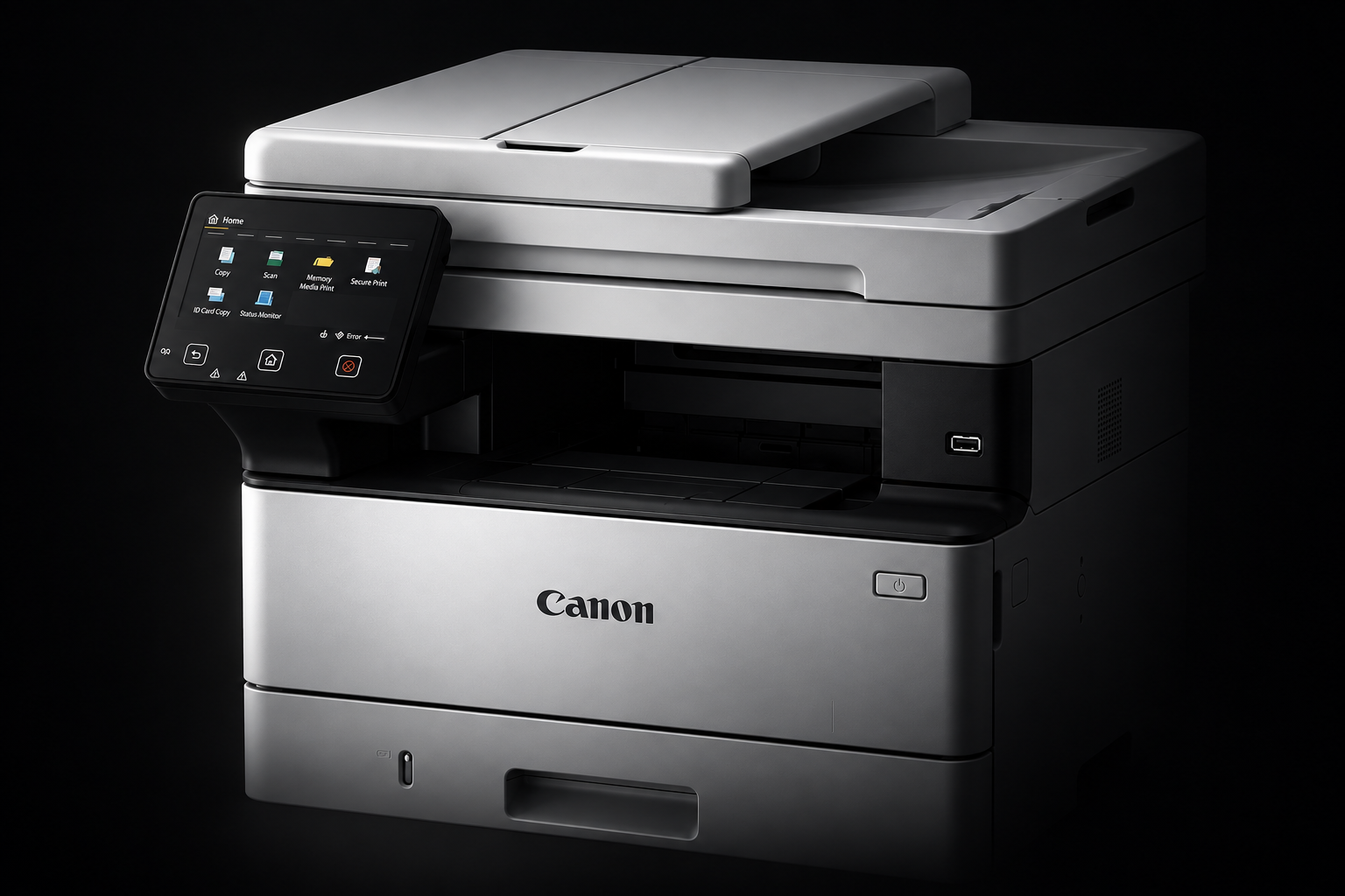 Canon i-SENSYS MF463dw — вид спереди и справа в студийном освещении