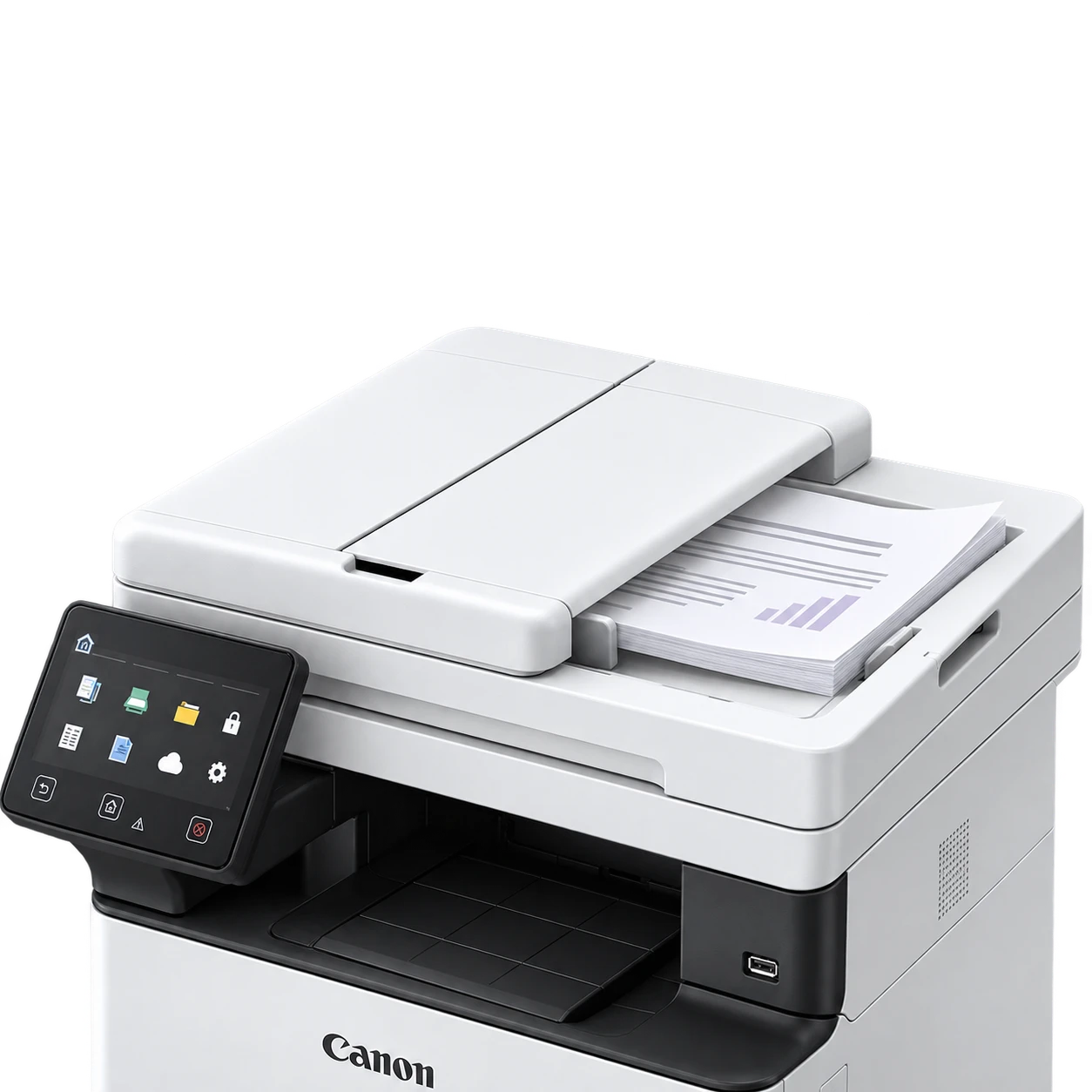 Крупный план автоподатчика Canon MF463dw с документами для сканирования