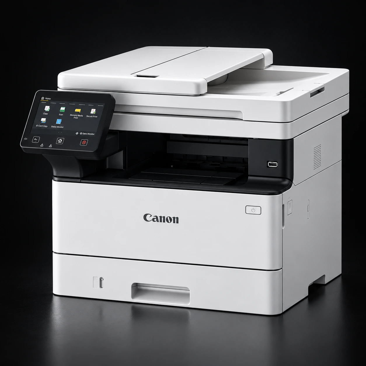 Canon i-SENSYS MF463dw — вид спереди и справа, сенсорный экран и закрытый автоподатчик
