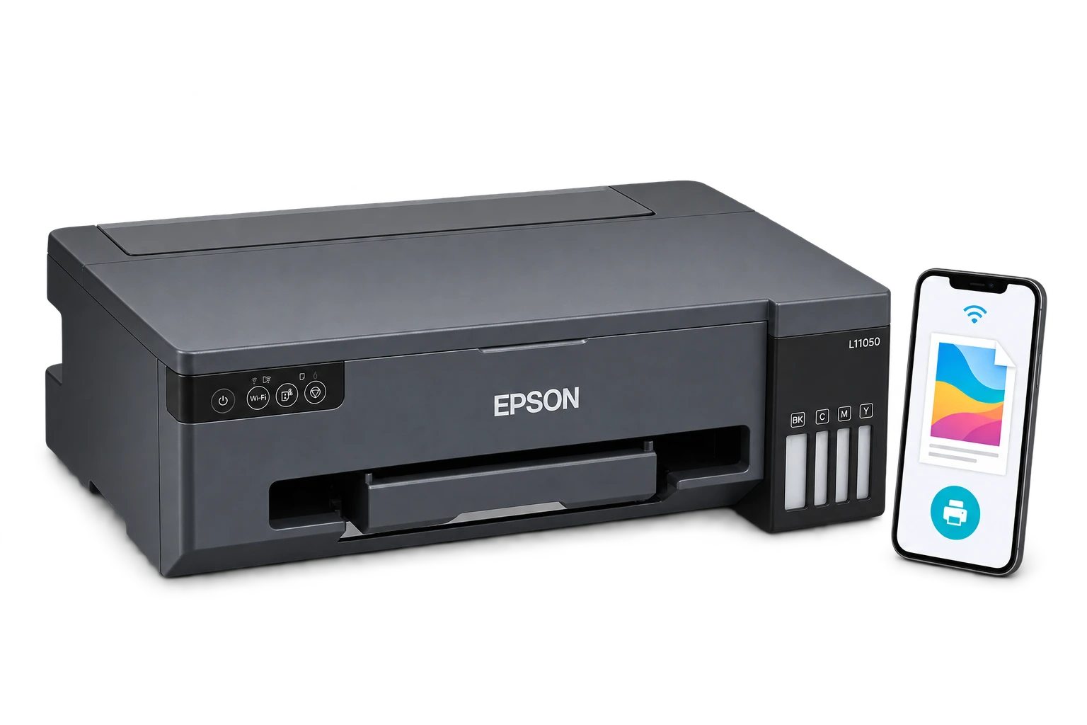 Epson L11050 и смартфон с выбором документа для беспроводной печати