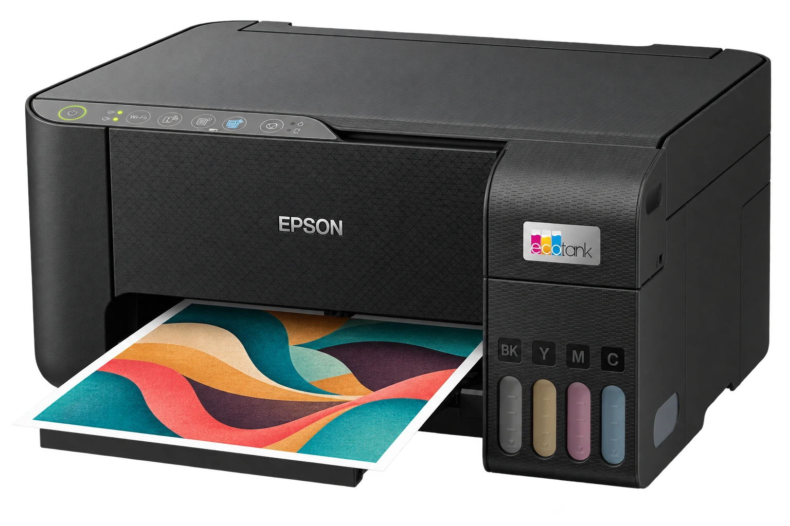 Epson EcoTank L3250 с авторской цветной композицией на отпечатке — вид спереди и справа