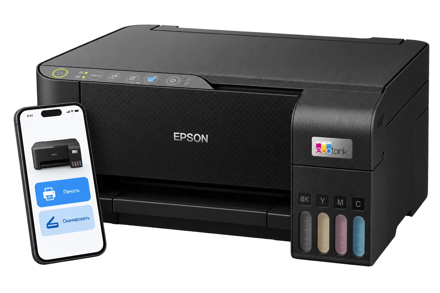 Кнопки Epson L3250 и смартфон с функциями печати и сканирования