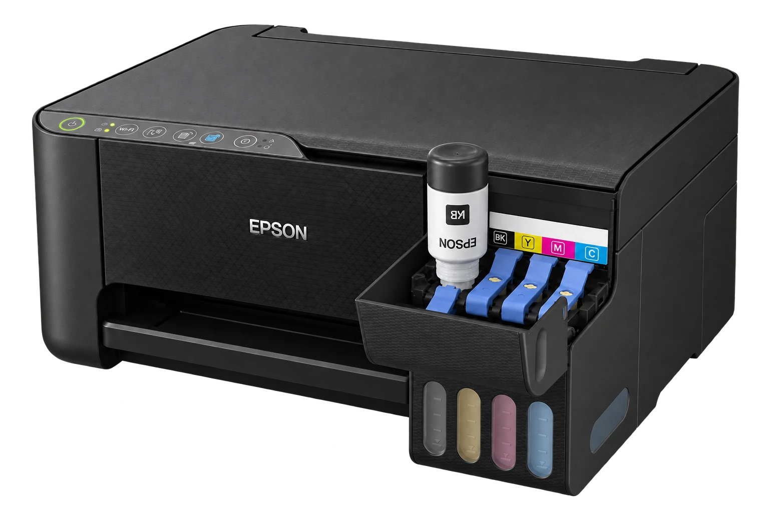 Заправка чёрной ёмкости Epson L3250 из флакона при открытой крышке резервуаров