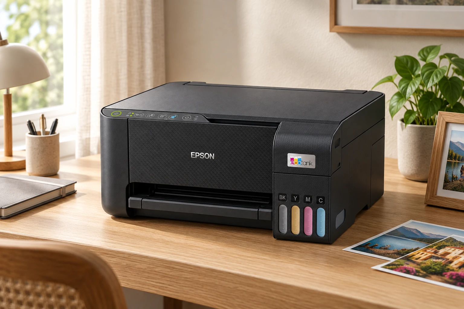 Epson L3250 на деревянном столе в светлом домашнем кабинете