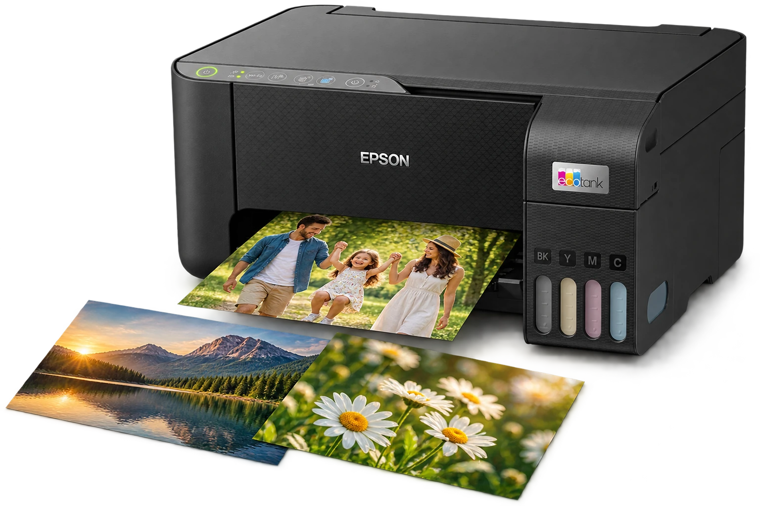 Epson L3250 печатает семейный снимок; рядом фотографии озера и цветов без полей