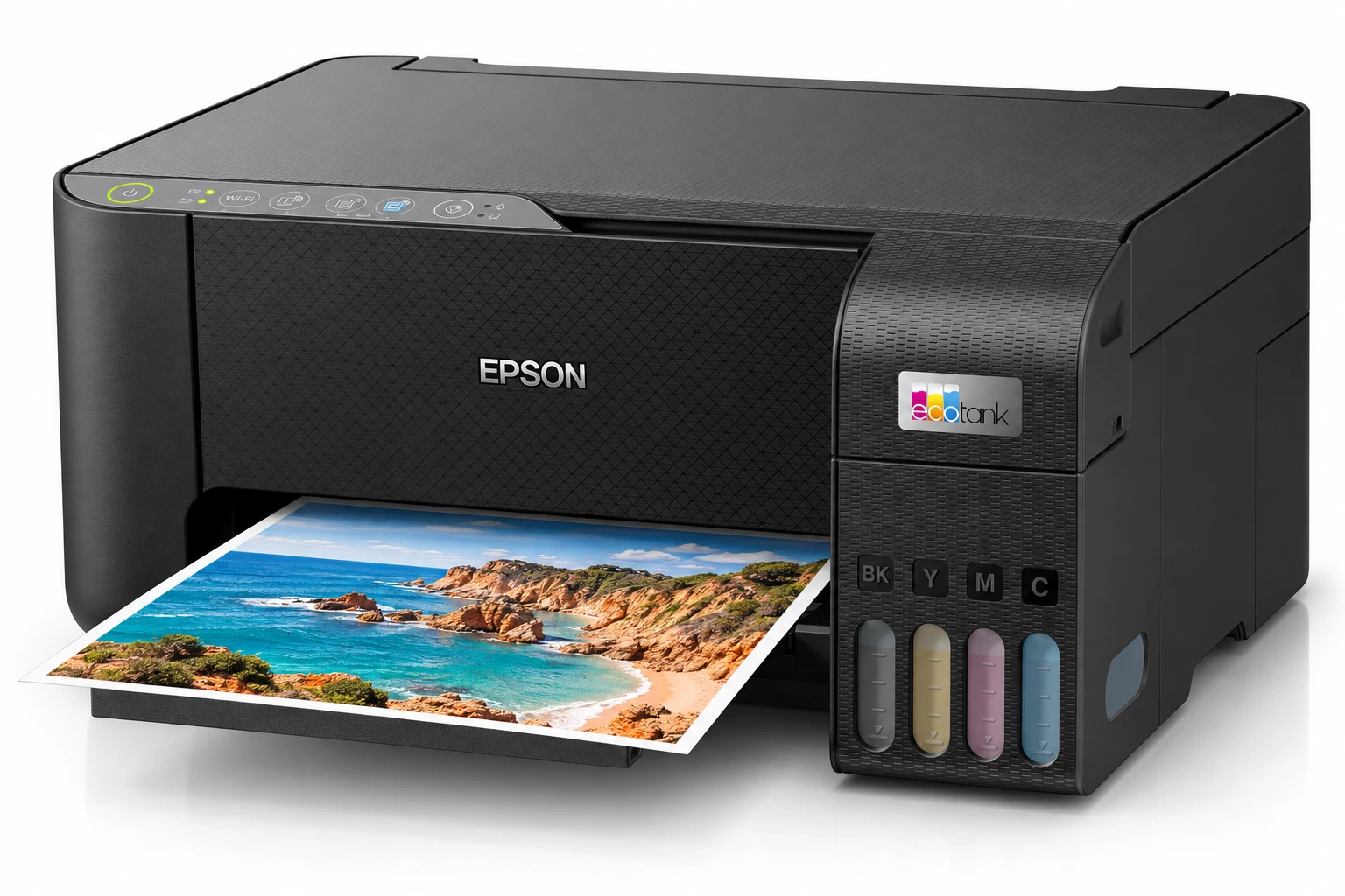 Epson EcoTank L3250 — вид спереди и справа, цветная печать и встроенные ёмкости для чернил