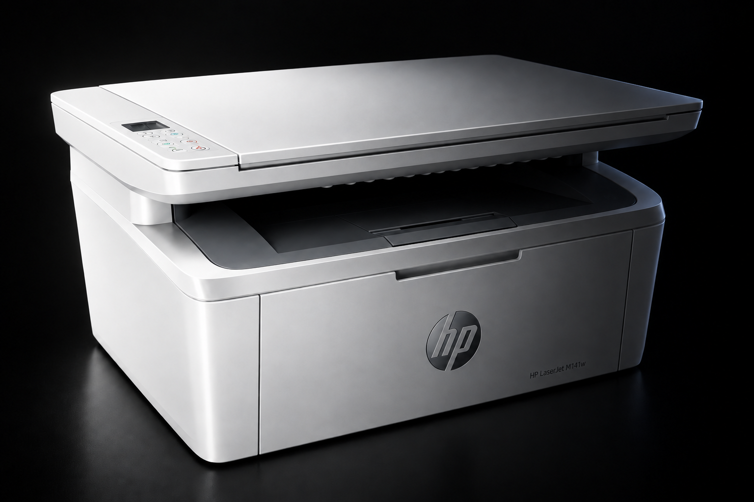 HP LaserJet M141w с закрытым лотком на чёрном фоне, наполовину в тени