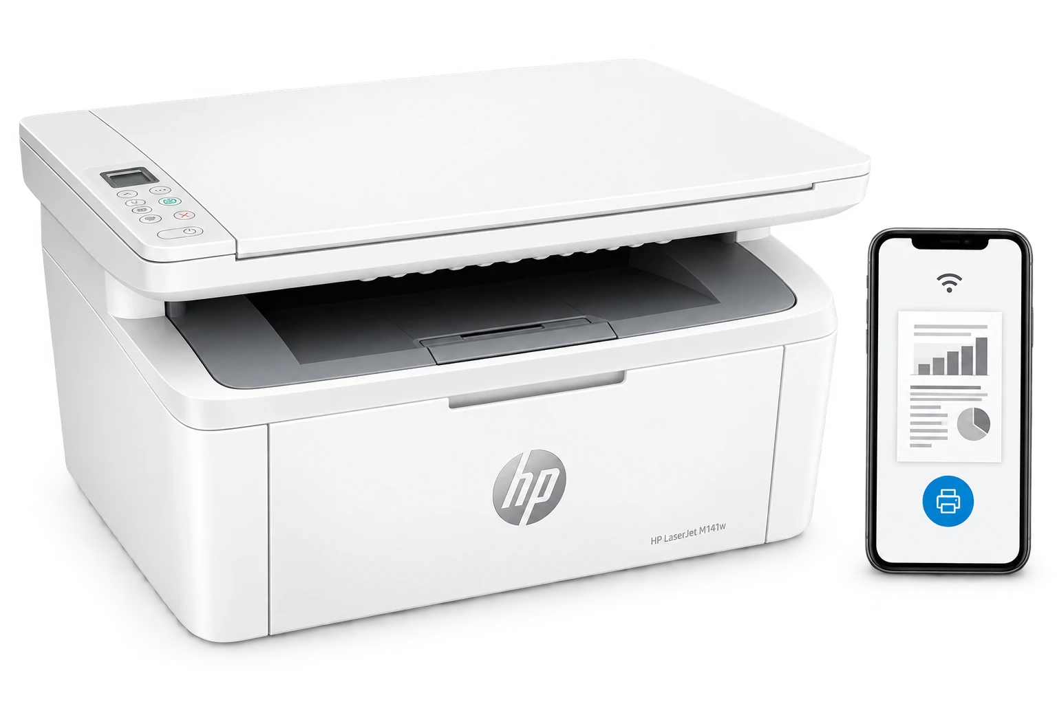 HP M141w рядом со смартфоном с выбором документа для беспроводной печати