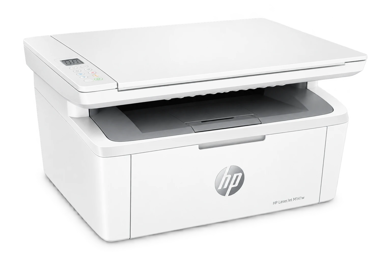 Компактный белый HP LaserJet M141w с закрытой крышкой сканера и лотком