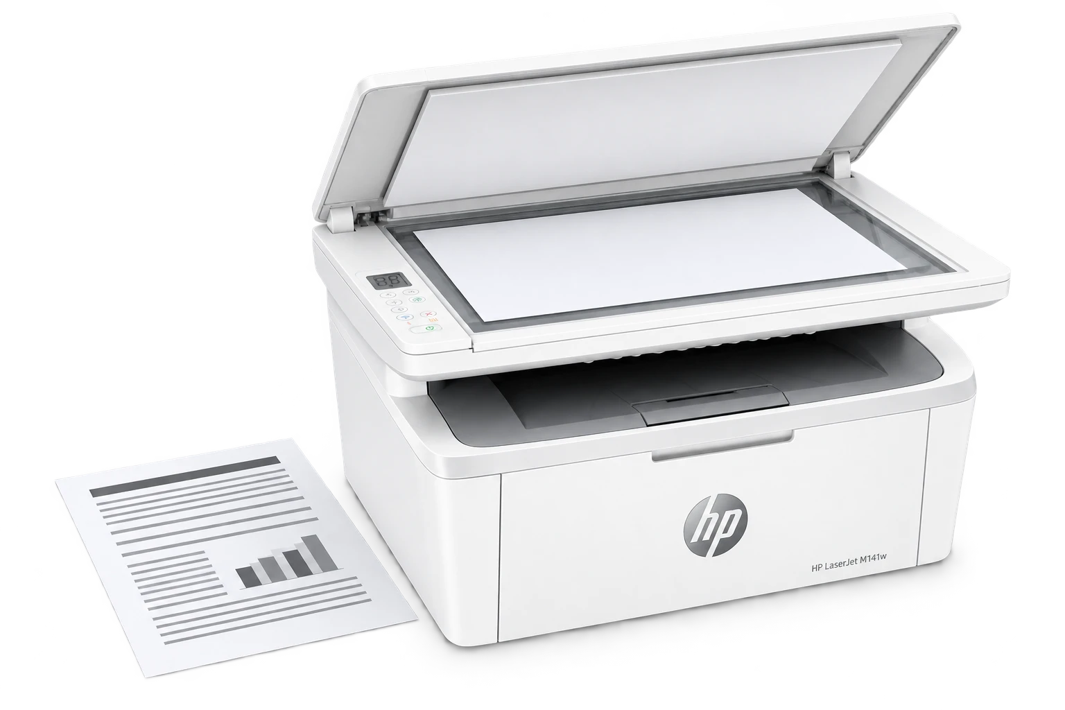 HP M141w с открытым сканером и готовой копией рядом