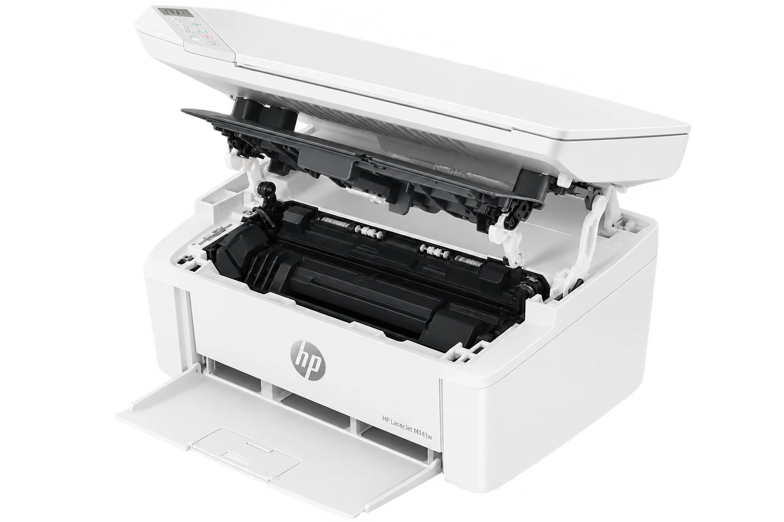 HP M141w с поднятым блоком сканера и открытым доступом к тонер-картриджу