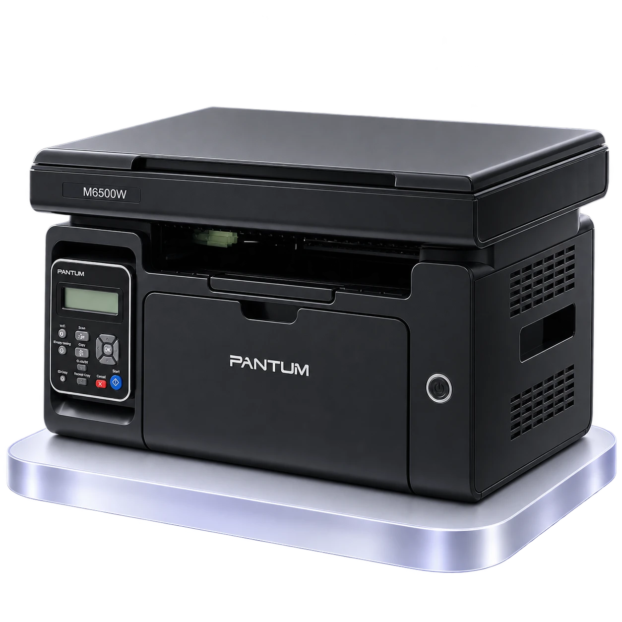 Pantum M6500W на серебристом студийном пьедестале — вид спереди и справа
