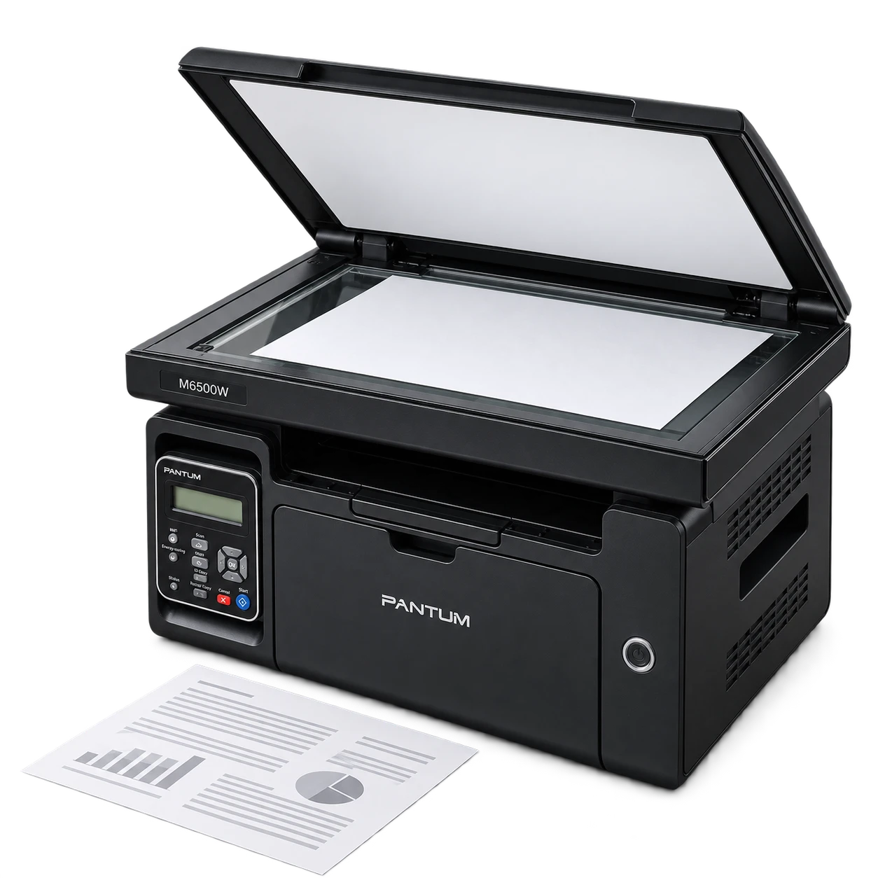 Pantum M6500W с открытой крышкой сканера: оригинал лежит лицевой стороной к стеклу, рядом — готовая копия